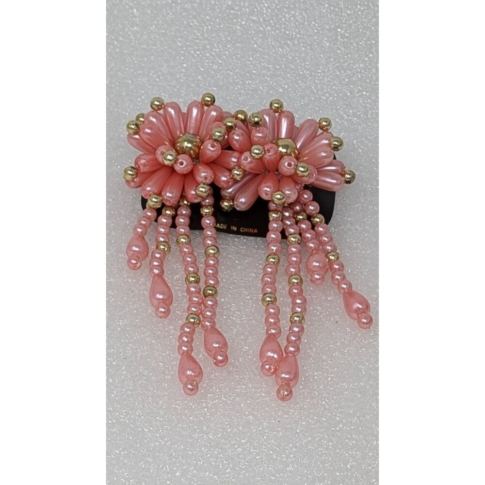 Vintage Beaded Hair Jewelry Clip Barrette Pink Coral & Gold Beads Floral 4"x6"